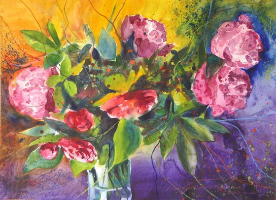 Peonies Watercolor Painting Loose Floral Bunch