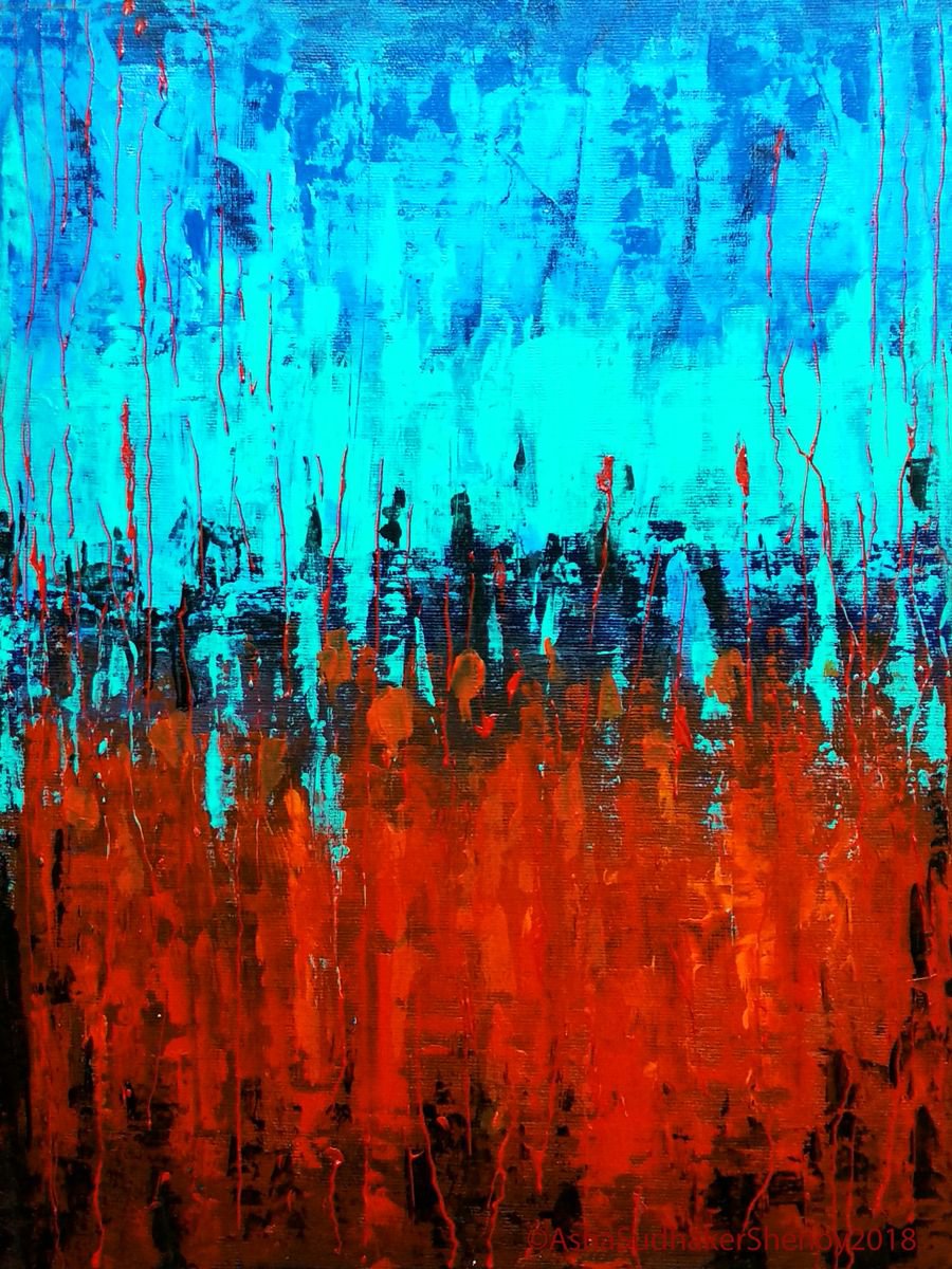 Abstract Red & Turquoise -II by Asha Shenoy