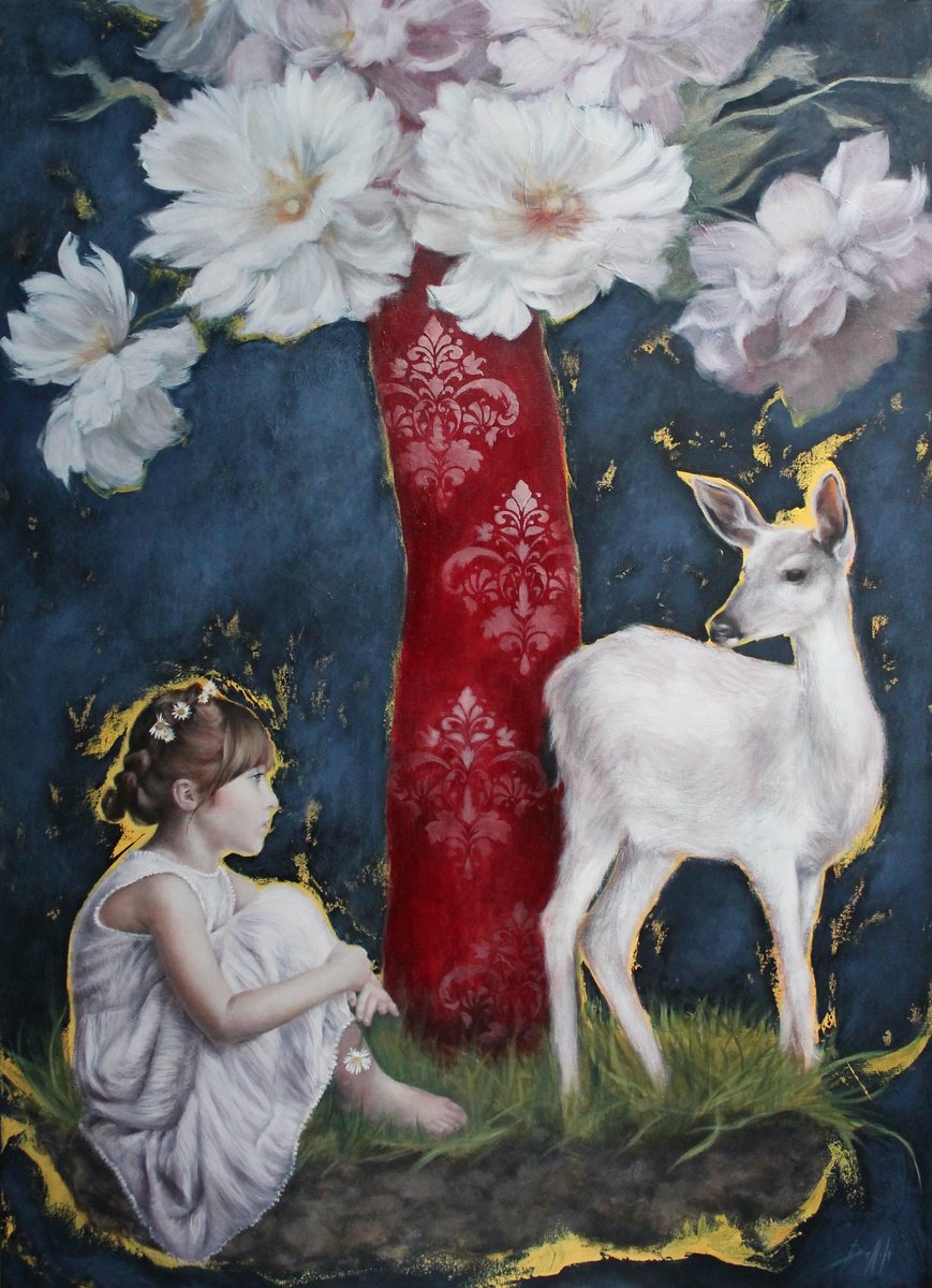 Expressive Portrait Acrylic Painting By Federica Belloli, 31 X 43, The Little Girl And The Poet, Original Artwork