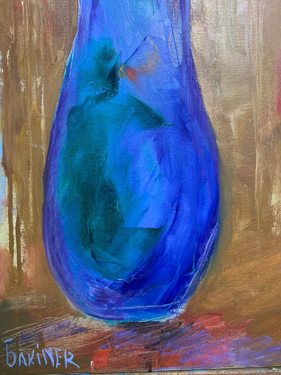 gladioli in a blue vase