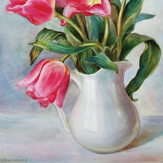 Tulips in a white jug