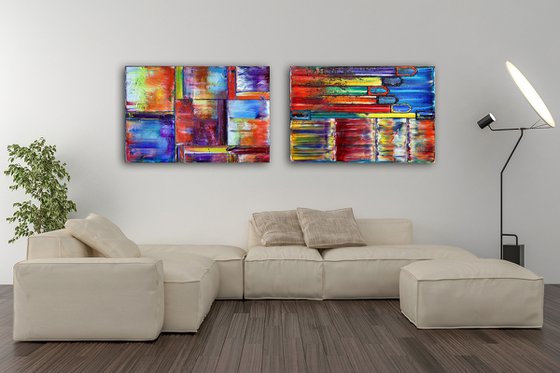 "Get It While It's Hot" - Save As A Series - Unique PMS Geometric Oil Painting Diptych On Canvas - 72" x 24"