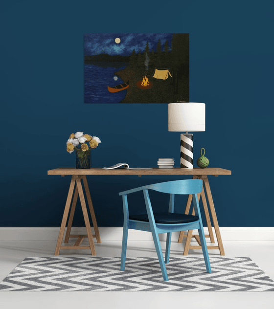 Under the Moonlight - nightscape campfire painting; home, office decor; gift ideas