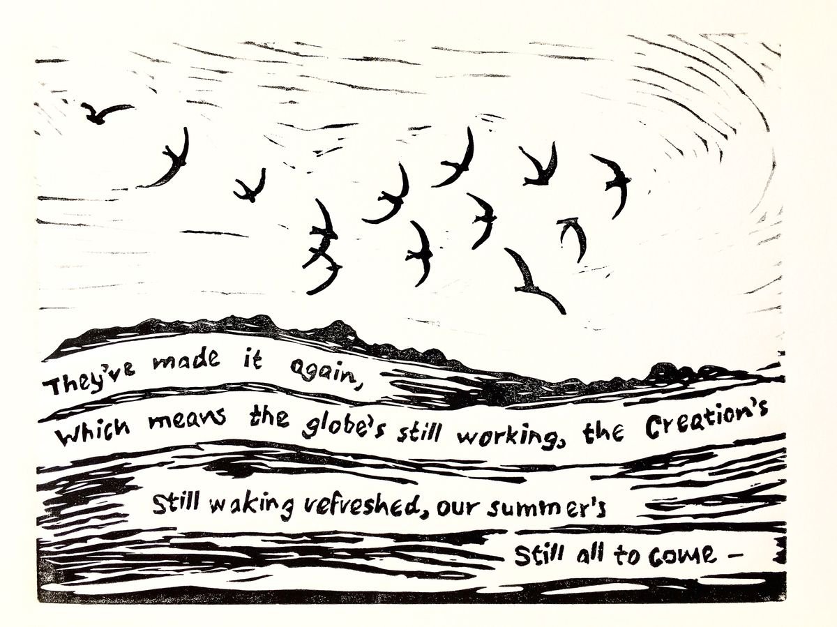 Illustrative Landscape Linocut By Kaz Jones, 12 X 8", Swifts, Original Artwork