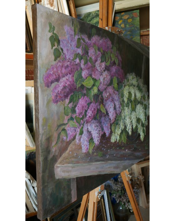 Lush Bouquets Of Lilacs On The Bench In The Garden - original floral spring oil painting on canvas