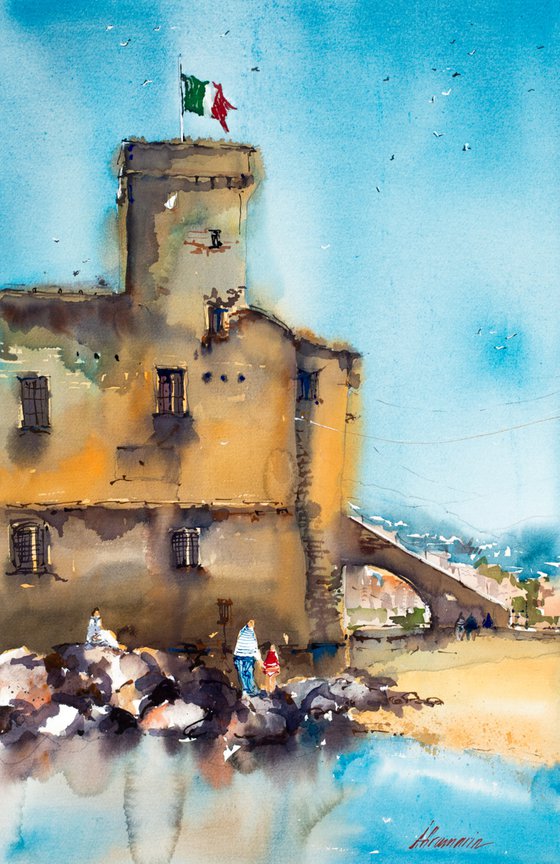 Liguria. Rapallo castle. Original watercolor picture.