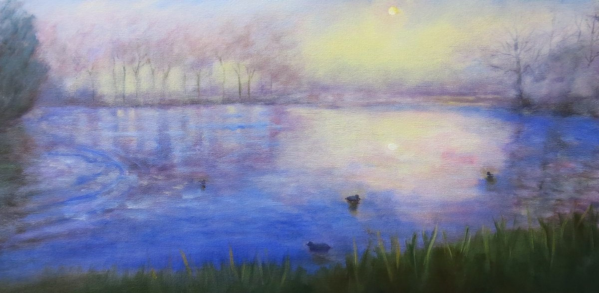 Impressionistic Landscape Oil Painting By Maureen Greenwood, 24 X 12", A Foggy Morning, Original Artwork