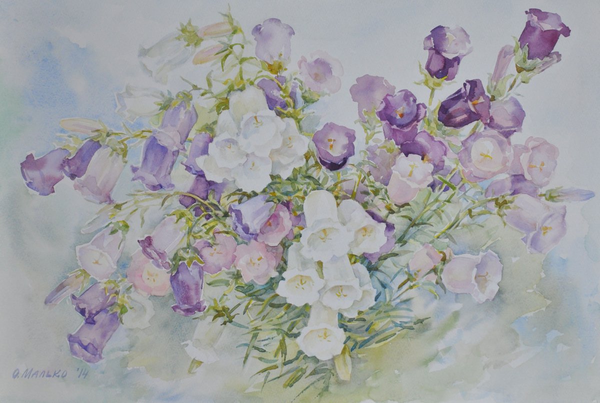 Bells bouquet / Watercolor bellflowers Summer garden flowers Floral painting by Olha Malko
