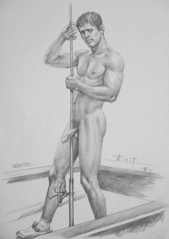 Drawing charcoal  male nude in boat #16-8-27