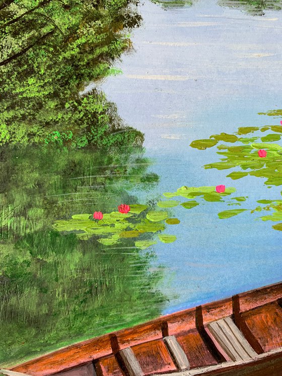 Boat near water lily pond-1 ! A4 size Painting on paper