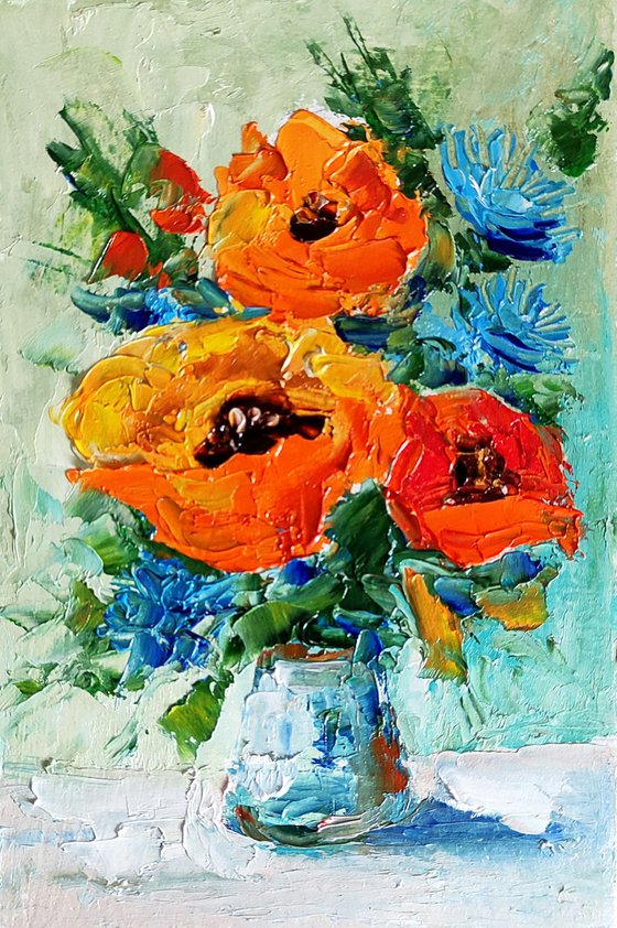 Poppies, Floral Painting Original Art Small Oil Artwork Bouquet of Flowers Wall Art