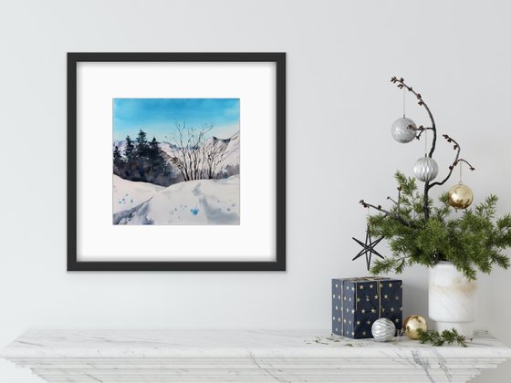 Sunny day in the mountains. Winter landscape. Original watercolor artwork.