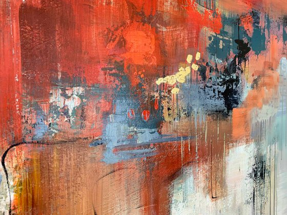 Turn Over - Extra Large Abstract Painting 80" x 40" , Oversize Canvas, Red, Gray, Gold Leaf Soft Colors White Gray Painting