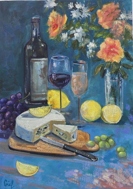 Evening Still Life with Wine and Citrus