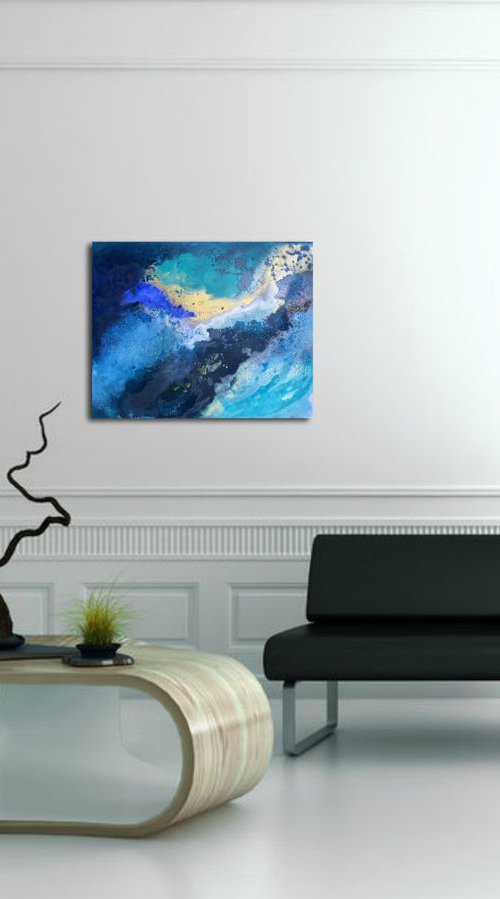"Desirable flaws" abstract seascape dreamy atmospheric blue turquoise with gold by Henrieta Angel