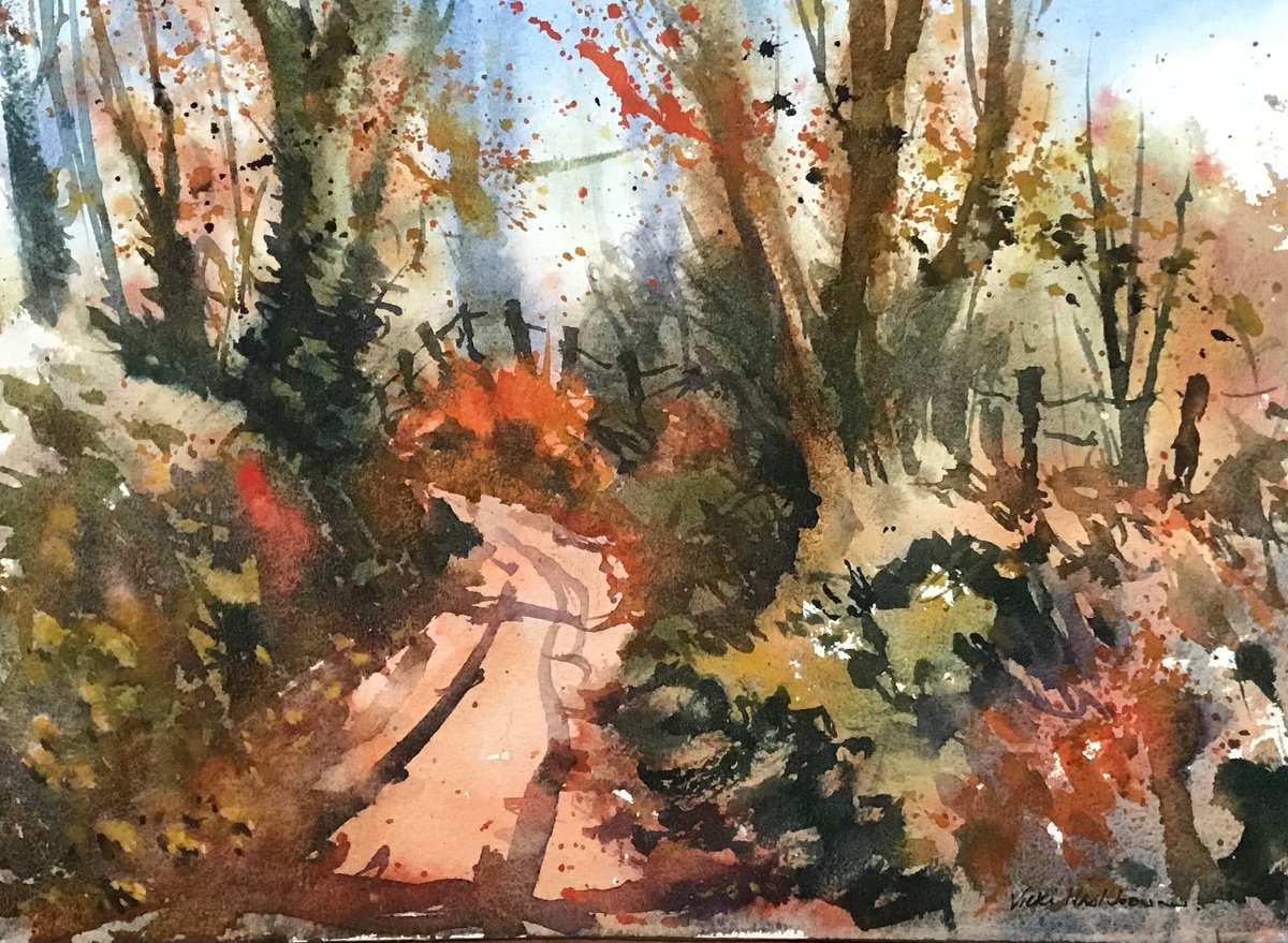 Impressionistic Landscape Watercolour By Vicki Washbourne, 12 X 9", Lane To The Mountain, Original Artwork