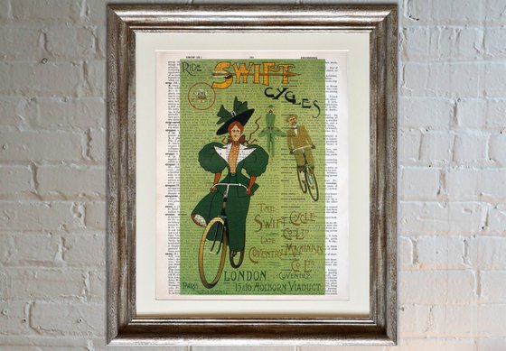 Ride Swift Cycles - Collage Art Print on Large Real English Dictionary Vintage Book Page