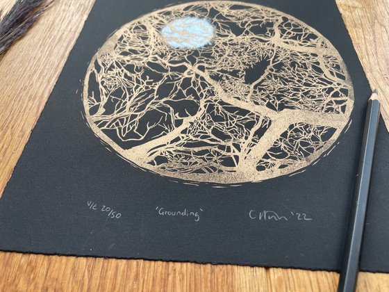Lino Print - Grounding - Tree Branch Contemporary Linocut Print