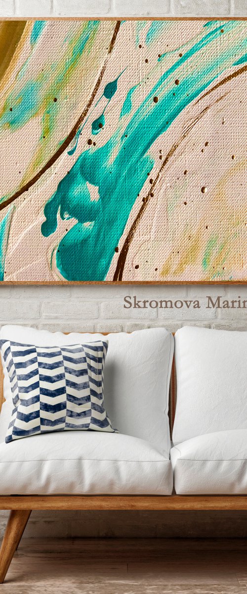 WHAT THE WAVES LEFT ON THE SAND - Oceanic abstraction. Marine theme. Aquamarine tones. Gold leaf. Sand beach. Islets. Immensity. by Marina Skromova