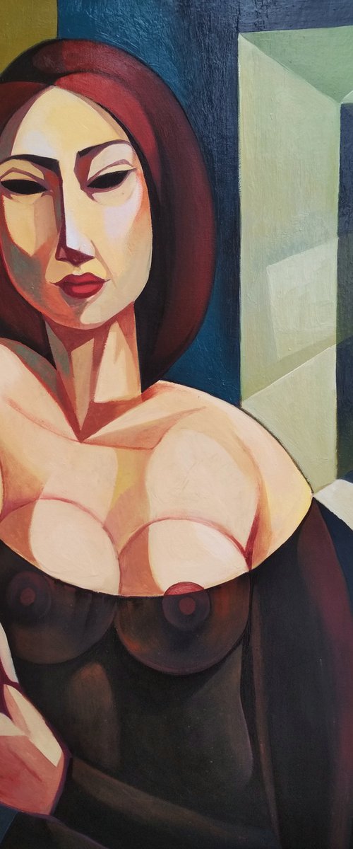 Waiting (60x80cm, cubism, oil painting, ready to hang) by Artrun Asatrian