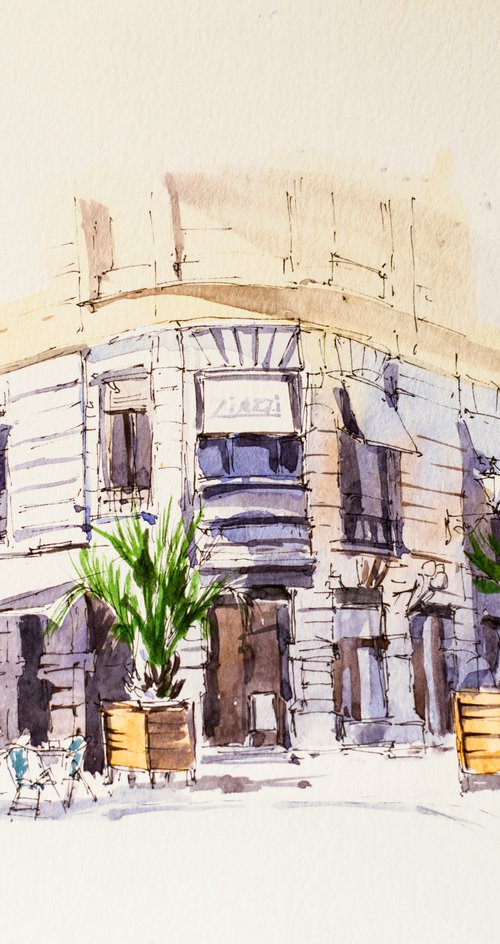 San Sebastian, Donostia. Live street sketch of street cafe. URBAN WATERCOLOR LANDSCAPE STUDY ARTWORK SMALL CITY LANDSCAPE SPAIN GIFT IDEA INTERIOR street by Sasha Romm