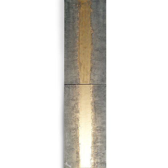 gold stripe & steel long painting A719 50x200x2 cm decor Vertical original abstract art Large paintings stretched canvas acrylic art industrial metallic textured wall art