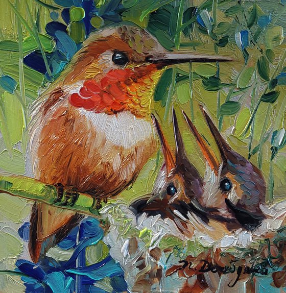 Rufous hummingbird orange on nest chicks bird oil painting original 5x5 inch in blue frame