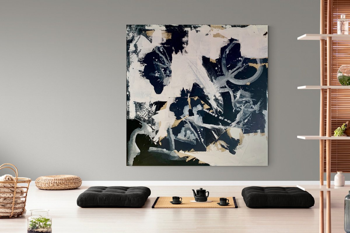 Abstract Acrylic Painting By Anita Kaufmann, 59 X 59, Abstract Black And White 323, Original Artwork