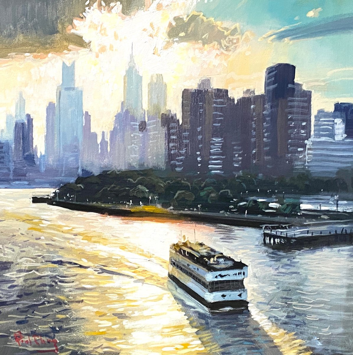 Impressionistic Cityscapes Acrylic Painting By Paul Cheng, 24 X 24", Manhattan, Original Artwork