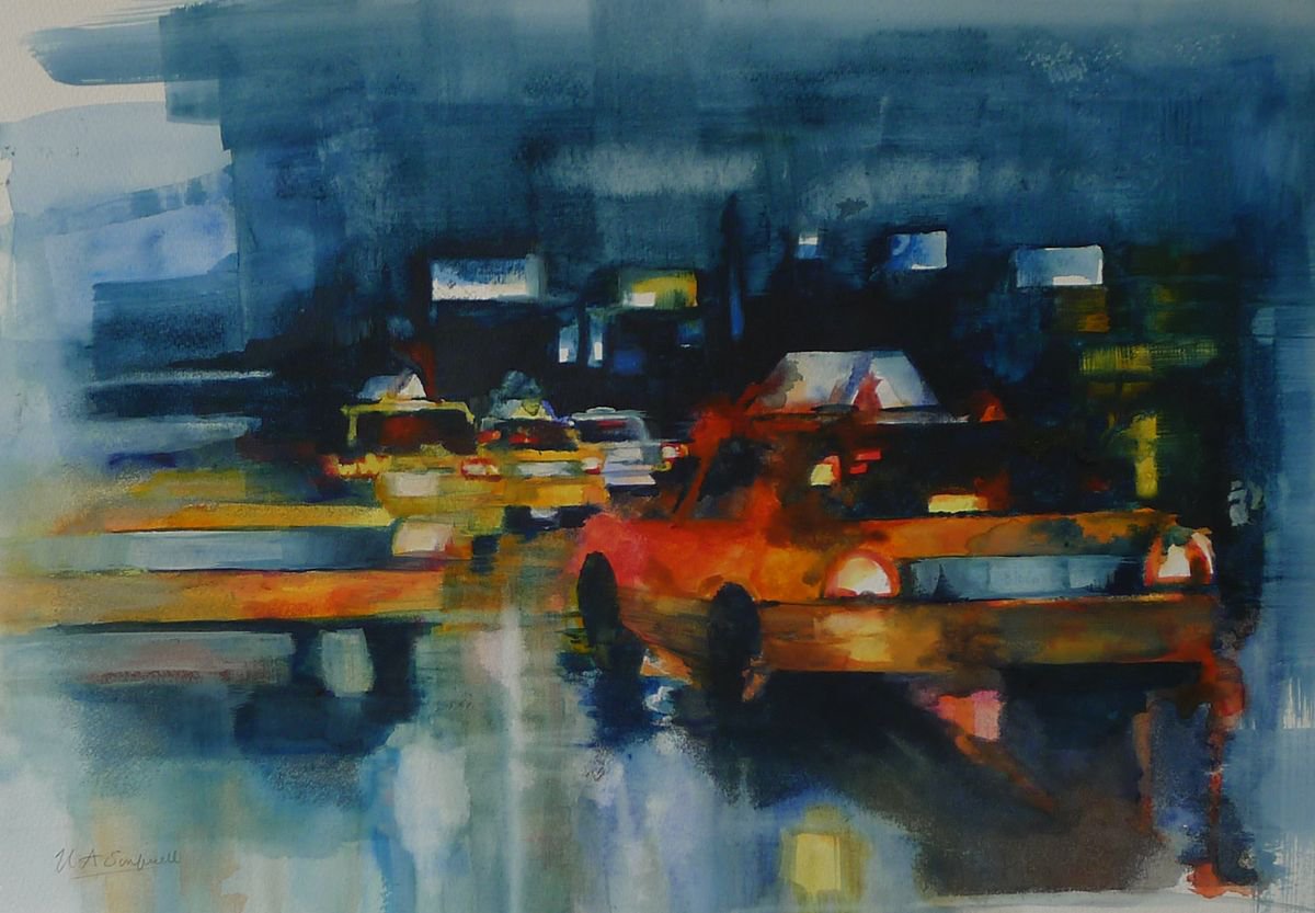 Impressionistic Watercolour , Study 2 New York Cabs In The Rain By Helen Sinfield, 20 X 14, Artwork For Sale On Artfinder
