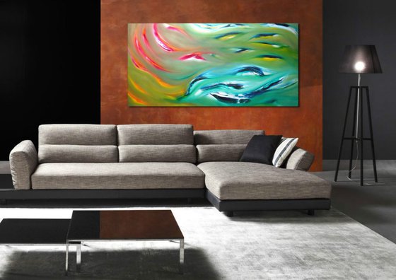 Dolphins - 120x60 cm, Original abstract painting, oil on canvas