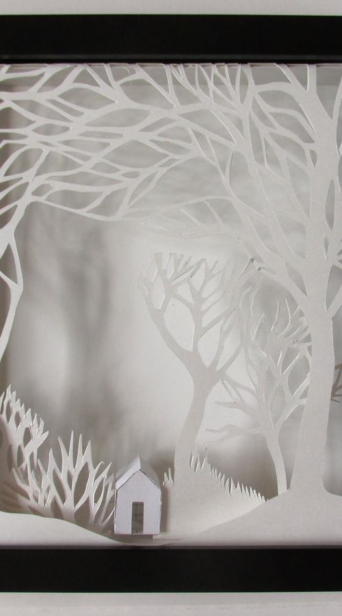 House with trees, paper sculpture by Michael Warren