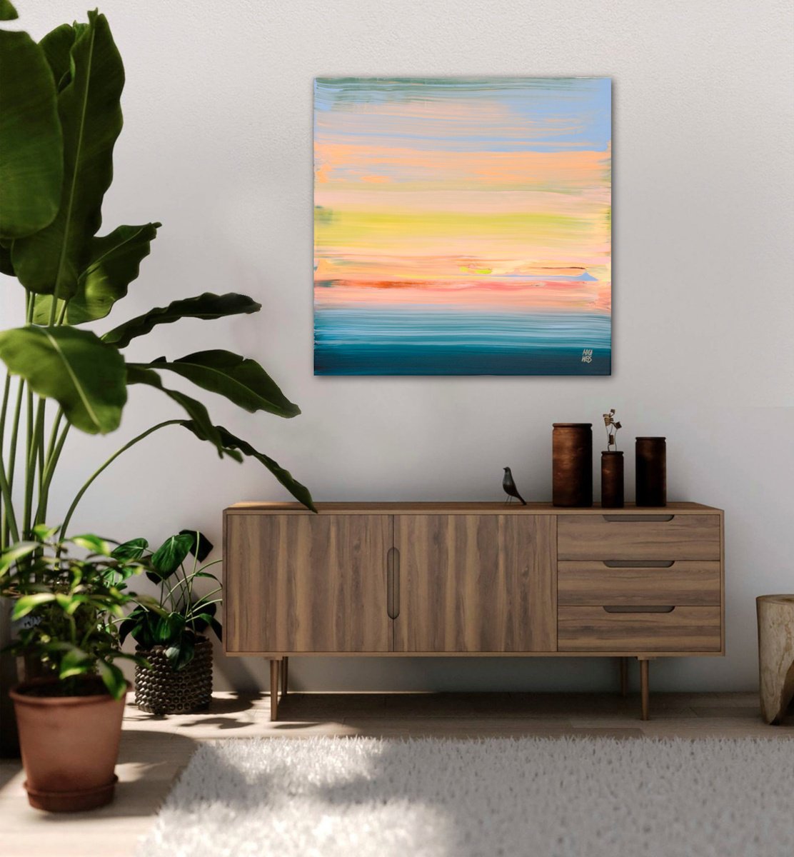 Impressionistic Landscape Acrylic Painting By Mila Weis, 24 X 24", Sunrise Colors Nr.1, Original Artwork