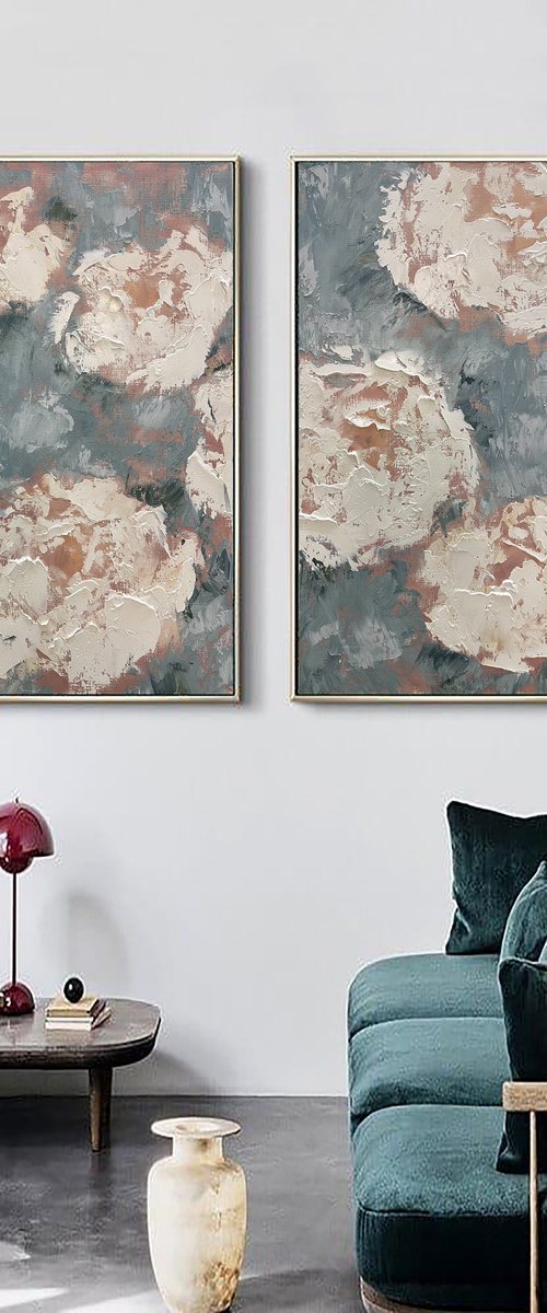 Abstract Peonies Diptych Painting. by Marina Skromova