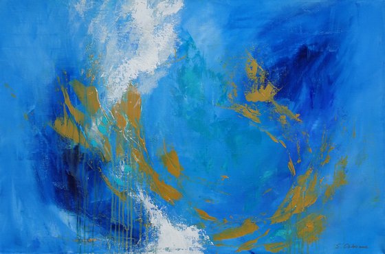 DEEP OCEAN LIFE. Blue, Teal, Gold, Navy Blue Contemporary Ocean Waves and Abstract Fish Painting
