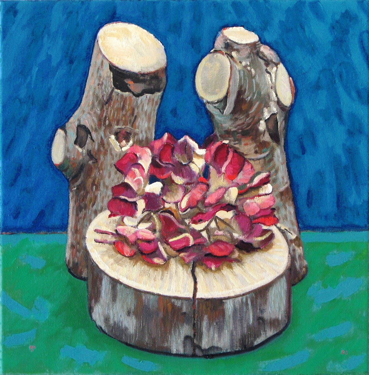 Botanical Oil Painting By Richard Gibson, 14 X 14", Timber And Hydrangea, Original Artwork