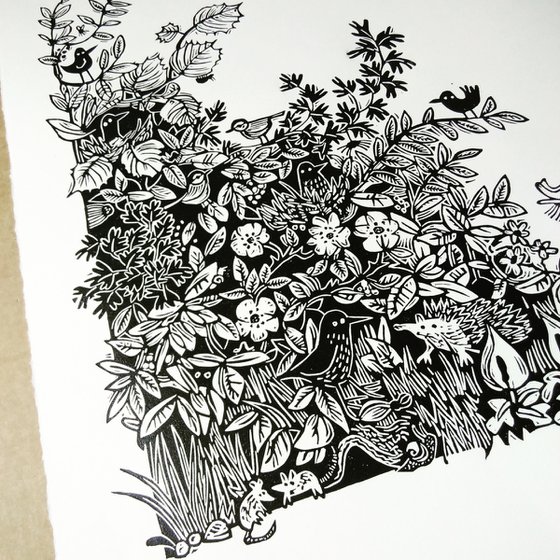 Hedge - lino cut print
