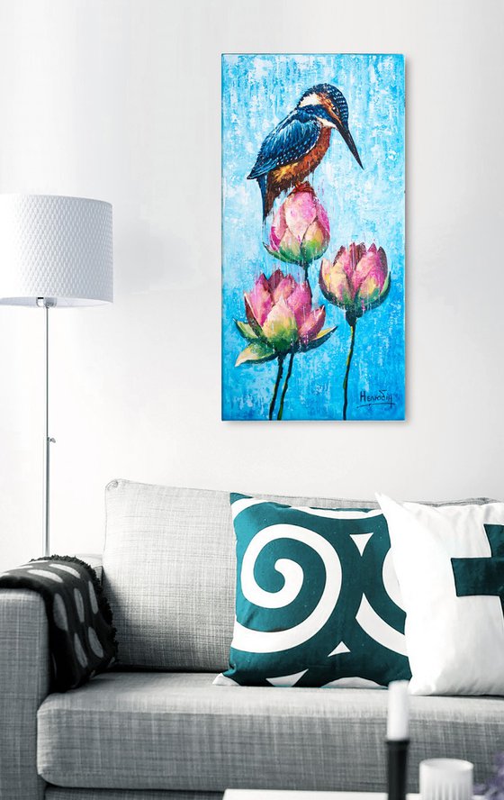 Kingfisher with water lilies