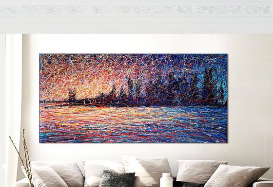 New York Exclusive painting technique Evening Hudson river Skyscrapers - ROLLED - 43" x 81" /110 x 205 cm. Modern city painting