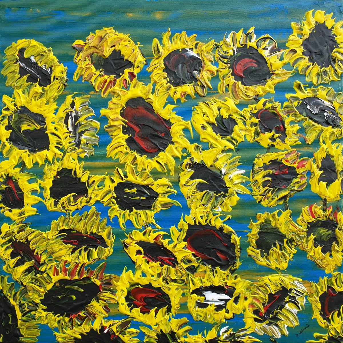 Impressionistic Landscape Acrylic Painting By Daniel Urbani?k, 16 X 16, Blooming Sunflowers 4, Original Artwork
