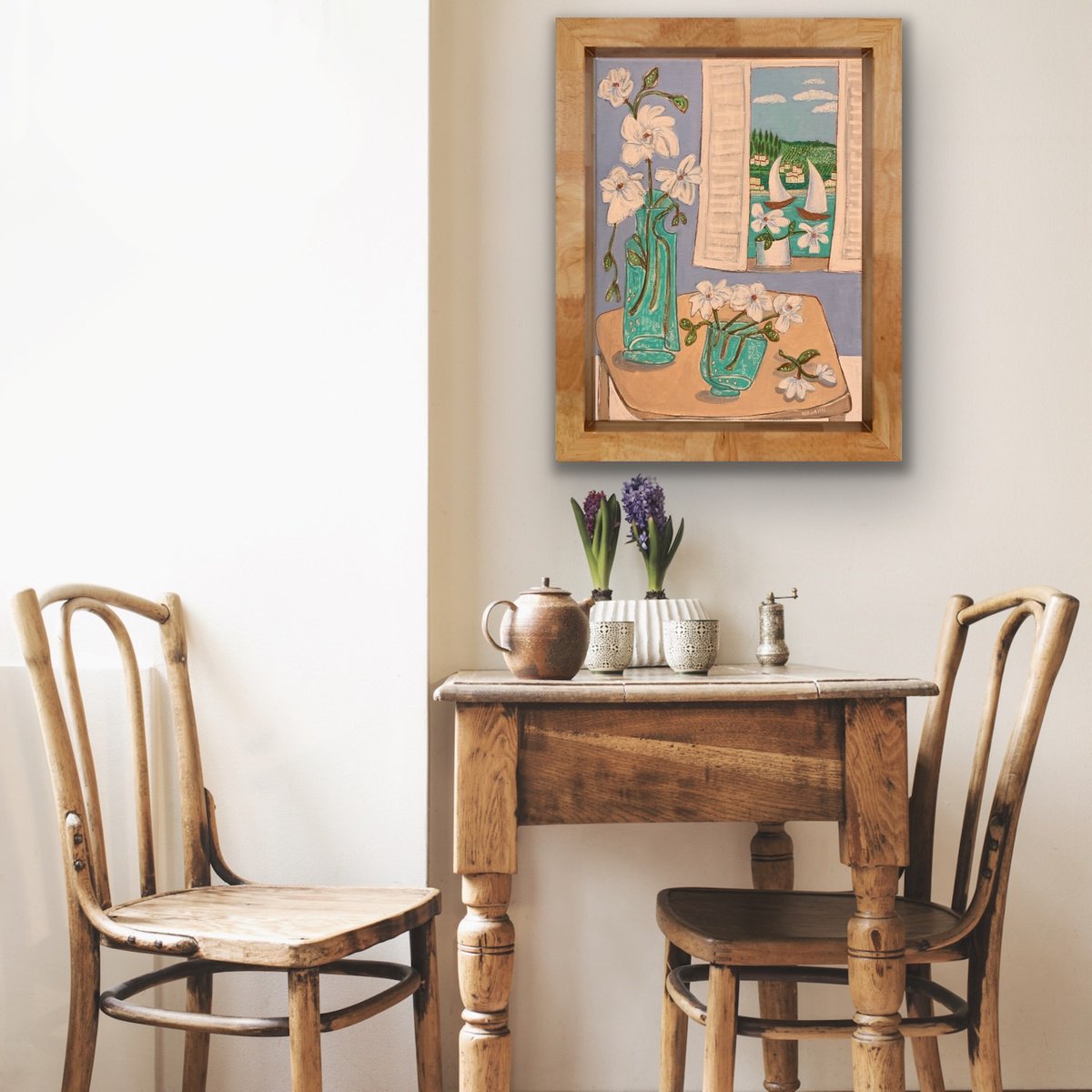 Naive Still Life Painting By Holly Wojahn, 12 X 16, Sailing, Original Artwork