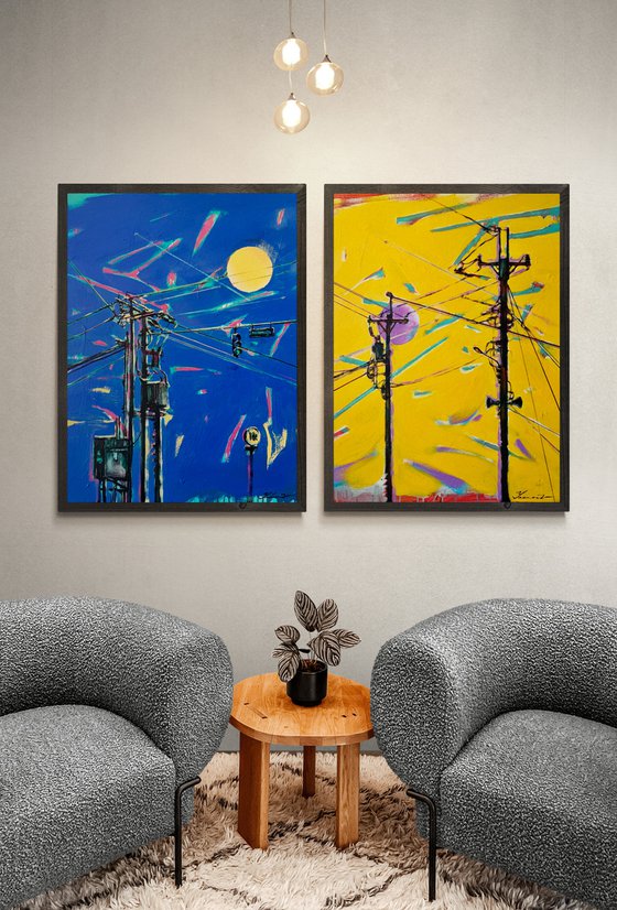 Urban painting - "Ukrainian electricity" - Pop art - Bright - Street art - Diptych - Electric pole - Urban - Sunset