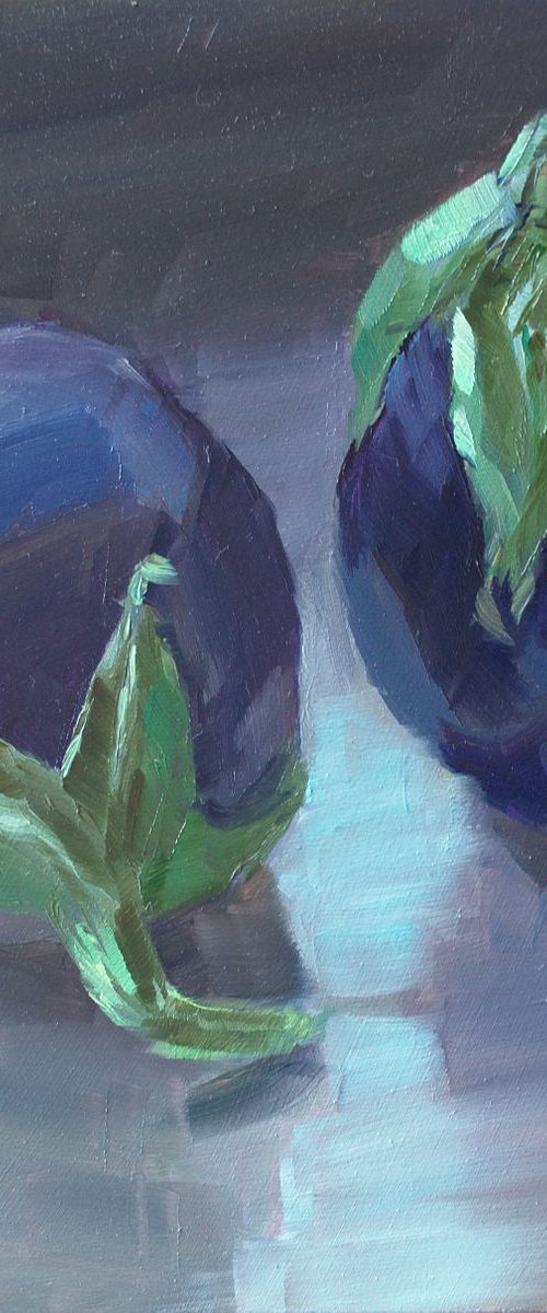 Small Painting - Eggplant reflections - One of a kind artwork, Home decor, Still Life by Nithya Swaminathan