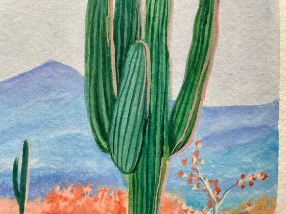 Cactus Gouache Painting, Joshua Tree Small Original Artwork, Desert Landscape Wall Art