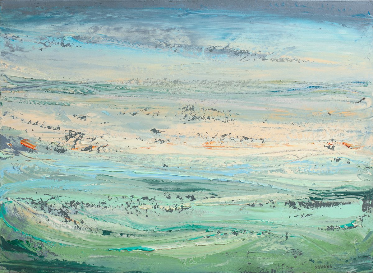 Abstract Landscape Acrylic Painting By Susana Sancho Beltran, 39 X 29", Emotional Seascape 15, Original Artwork