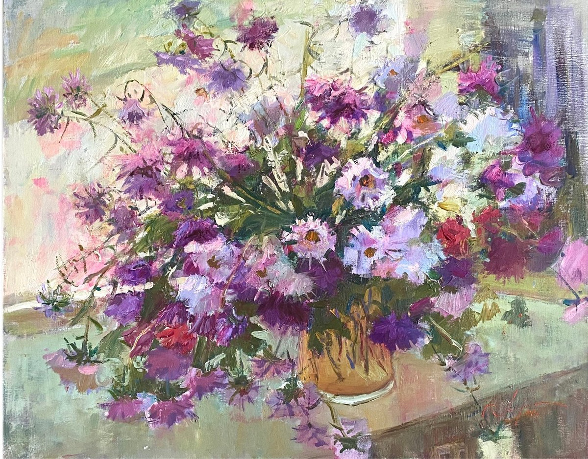 Impressionistic Botanical Oil Painting By Oleksii Chebotaru, 39 X 32", Still Life With Asters, Original Artwork