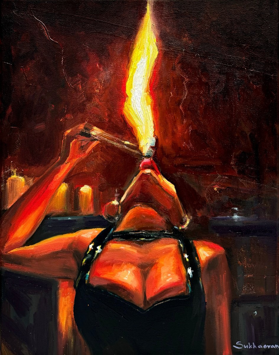 Impressionistic Portrait Oil Painting By Victoria Sukhasyan, 11 X 14", Fire Eater, Original Artwork