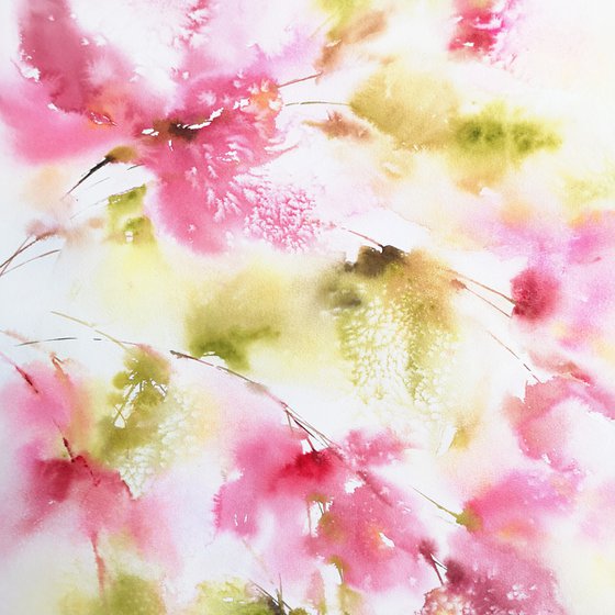 Abstract flowers, soft pink floral bouquet, watercolor