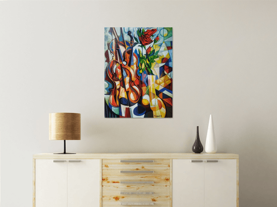 Still life with roses and violin (60x80cm, cubism, oil painting, ready to hang)