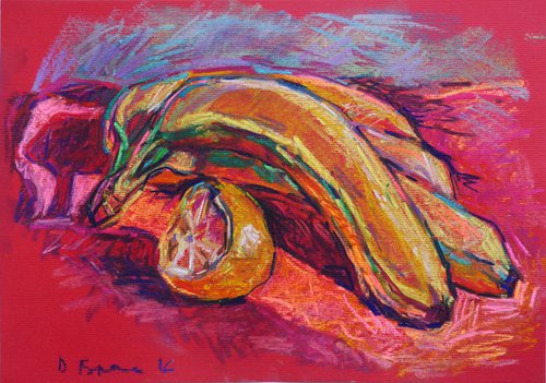 Lemon and Bananas on a red (pastel) by Dima Braga